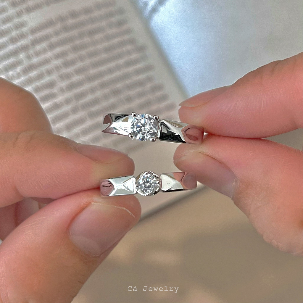 Nhẫn đôi nhẫn cặp nam nữ bạc s925 bản dày đính viên pha lê to Cá jewelry NĐ72