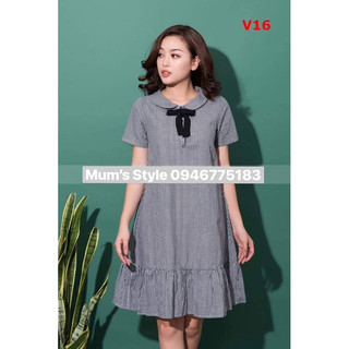 váy kẻ bầu cổ nơ