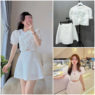 Sét váy áo gấm xốp hoa nổi + chân váy chữ a có quần trong