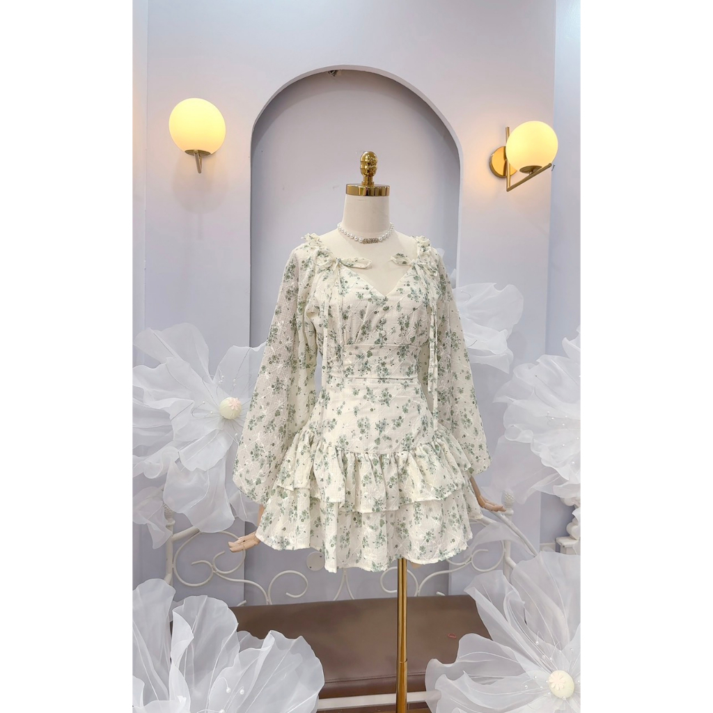 Váy hoa 2 tầng tay bồng cao cấp nơ vai hoa nhí cực xinh, phong cách nàng thơ tôn dáng, chiết eo siêu đẹp