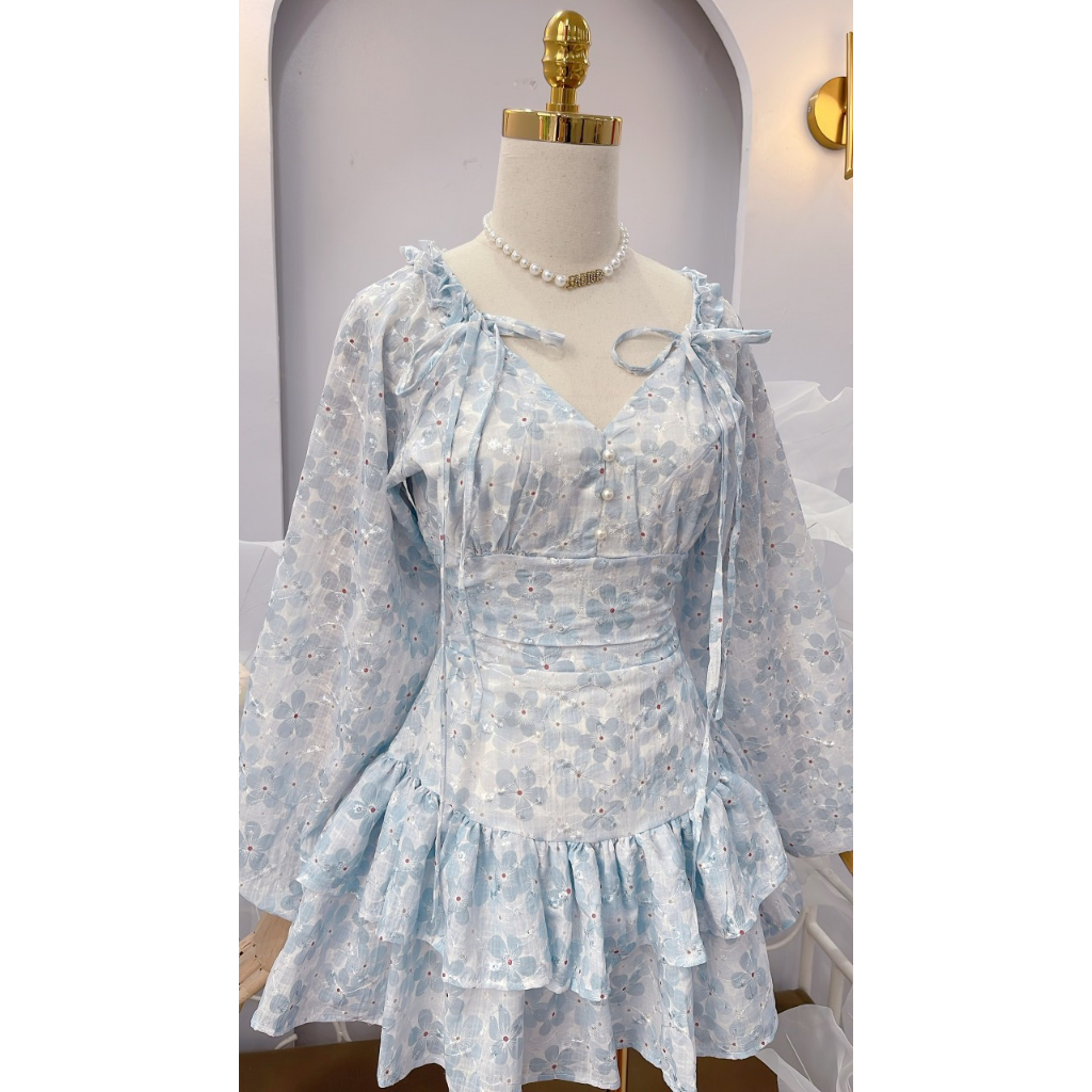 Váy hoa 2 tầng tay bồng cao cấp nơ vai hoa nhí cực xinh, phong cách nàng thơ tôn dáng, chiết eo siêu đẹp