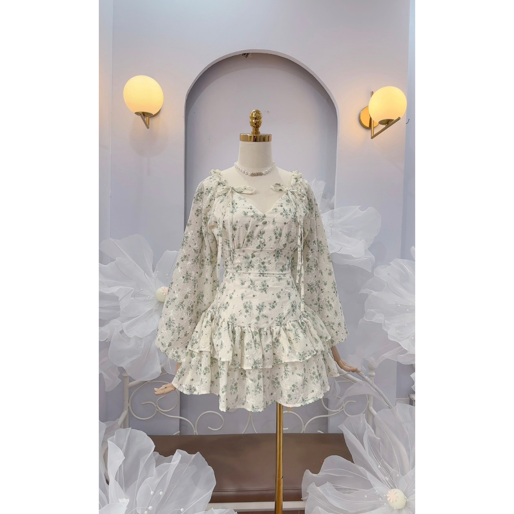 Váy hoa 2 tầng tay bồng cao cấp nơ vai hoa nhí cực xinh, phong cách nàng thơ tôn dáng, chiết eo siêu đẹp