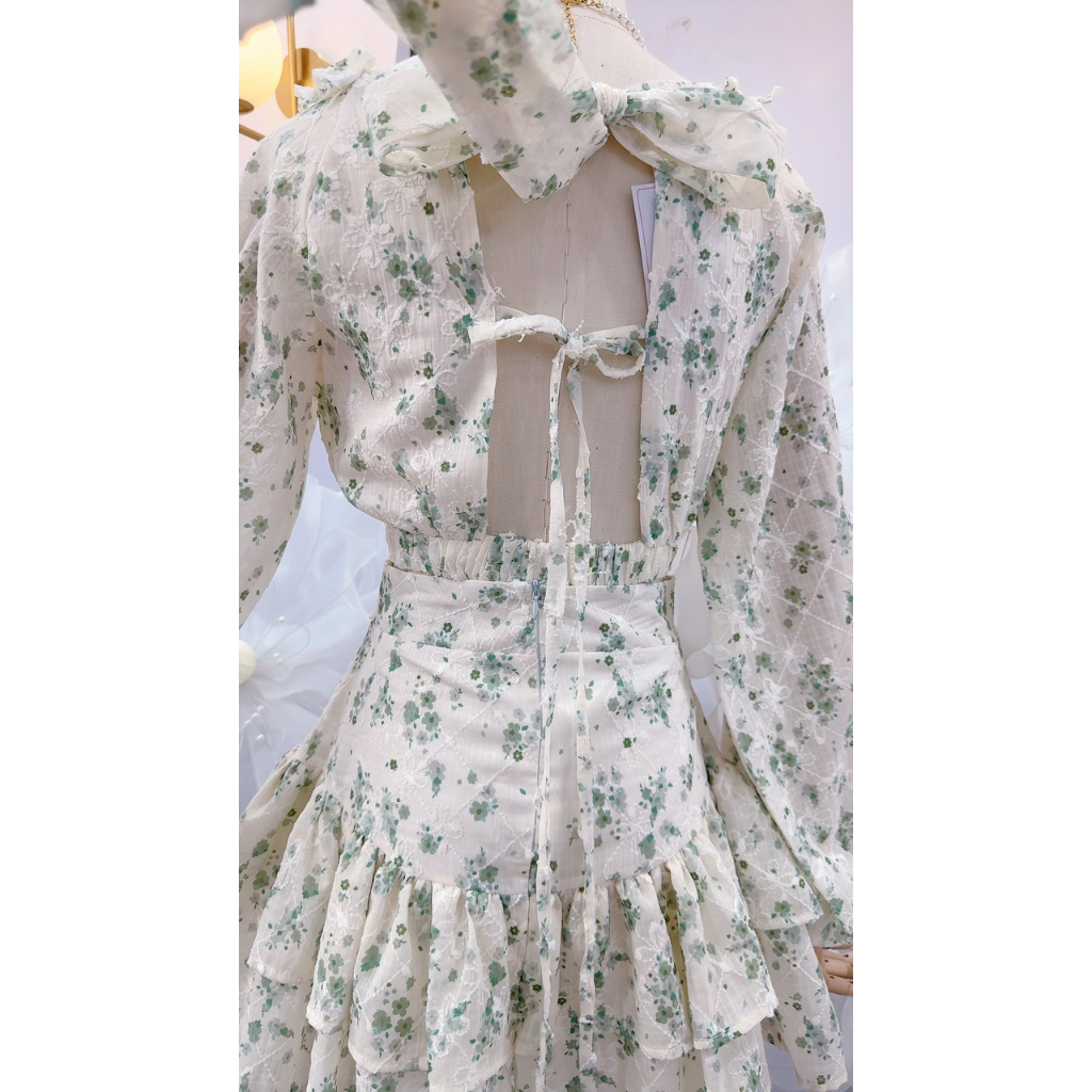 Váy hoa 2 tầng tay bồng cao cấp nơ vai hoa nhí cực xinh, phong cách nàng thơ tôn dáng, chiết eo siêu đẹp