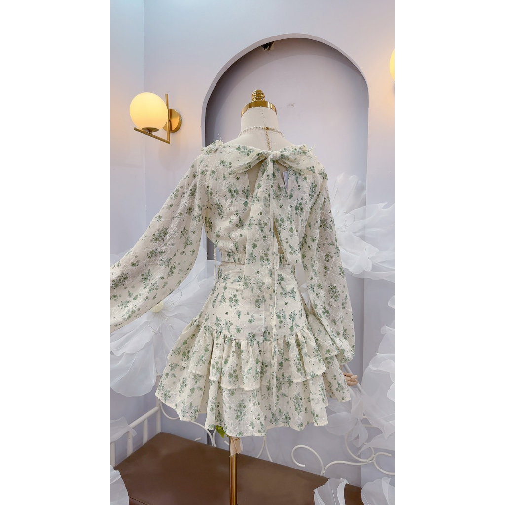 Váy hoa 2 tầng tay bồng cao cấp nơ vai hoa nhí cực xinh, phong cách nàng thơ tôn dáng, chiết eo siêu đẹp