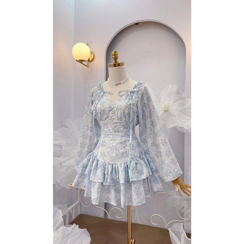 Váy hoa 2 tầng tay bồng cao cấp nơ vai hoa nhí cực xinh, phong cách nàng thơ tôn dáng, chiết eo siêu đẹp