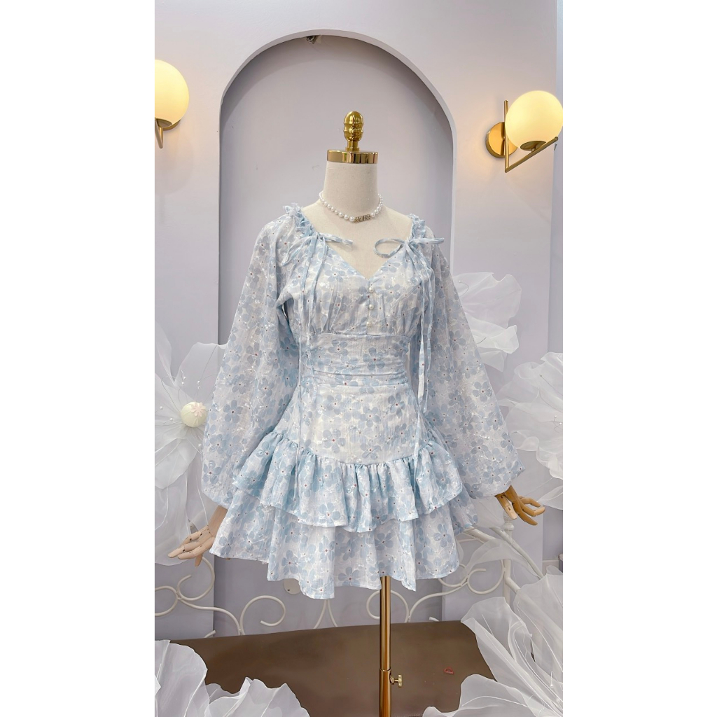 Váy hoa 2 tầng tay bồng cao cấp nơ vai hoa nhí cực xinh, phong cách nàng thơ tôn dáng, chiết eo siêu đẹp