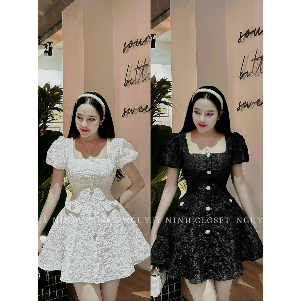 Đầm thời trang nữ mặc đi chơi chất gấm có mút ngực đính NÚT cổ vuông tay ngắn váy xoè 2 màu dễ thương