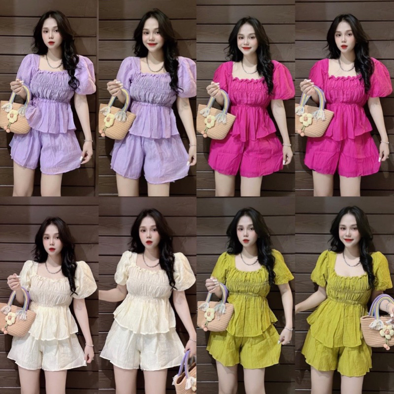 Sét đũi xước áo cổ vuông chun bèo tay phồng + quần sooc cạp chun 2 lớp 4 màu (kèm ảnh thật và video)