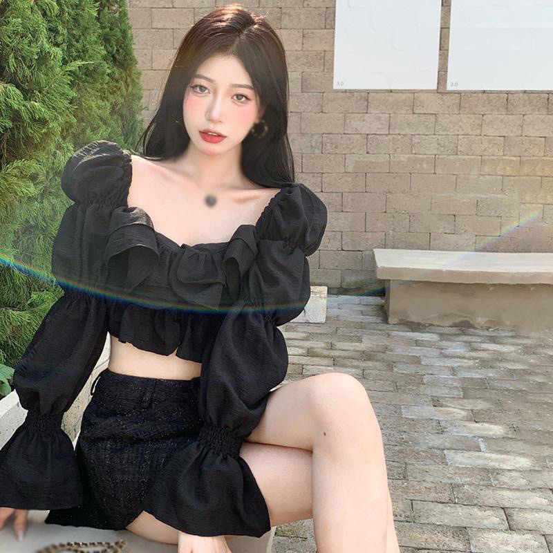 Áo Kiểu Đen Tay Dài Thiết Kế Phối Bèo Tay Nhún Chất Xốp Phong Cách Hàn Quốc