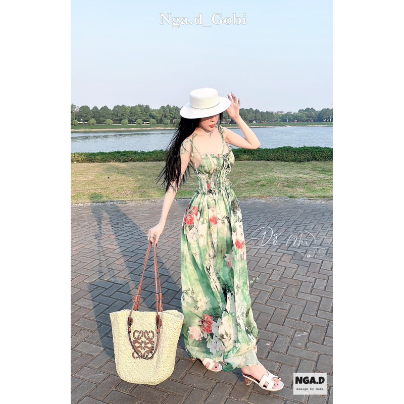 Váy hoa maxi chun eo dáng dài