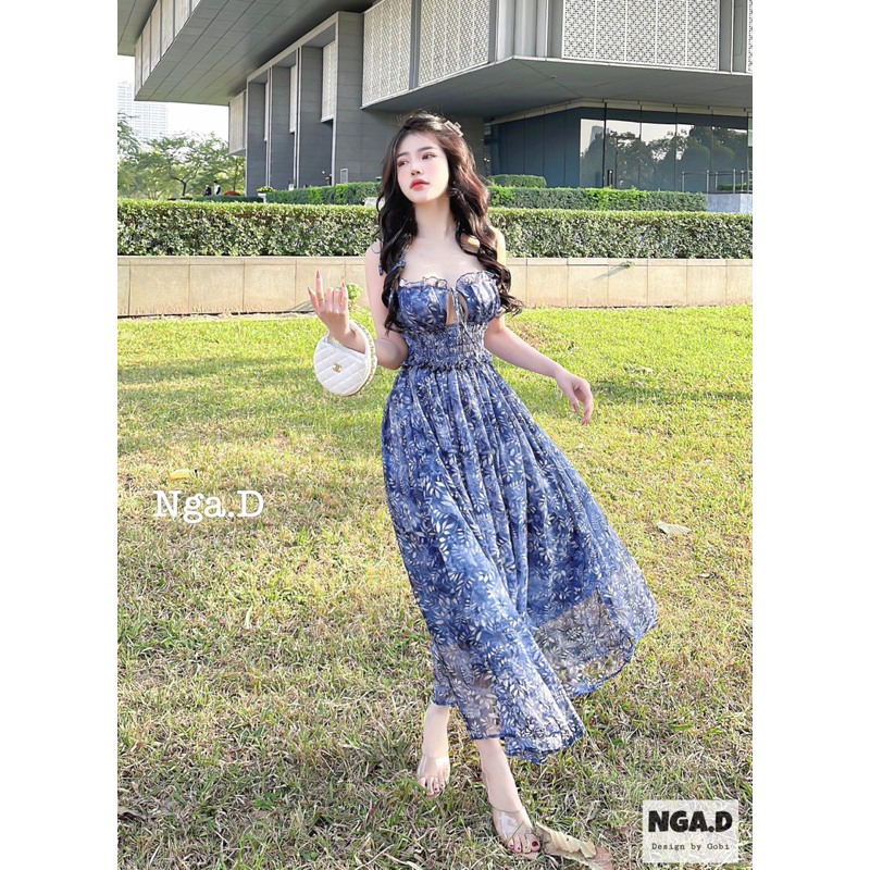 Váy hoa maxi chun eo dáng dài