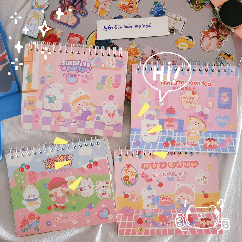 Sổ sticker lò xo, sổ hình dán đáng yêu, set sổ sticker dễ thương thỏ gấu em bé, hình dán trang trí vở trang trí nhật ký