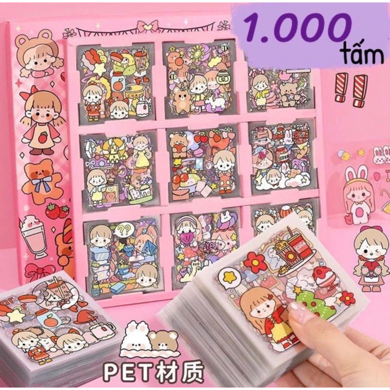 Hộp 1000 tấm hình dán sticker hoạ tiết hoạt hình dễ thương