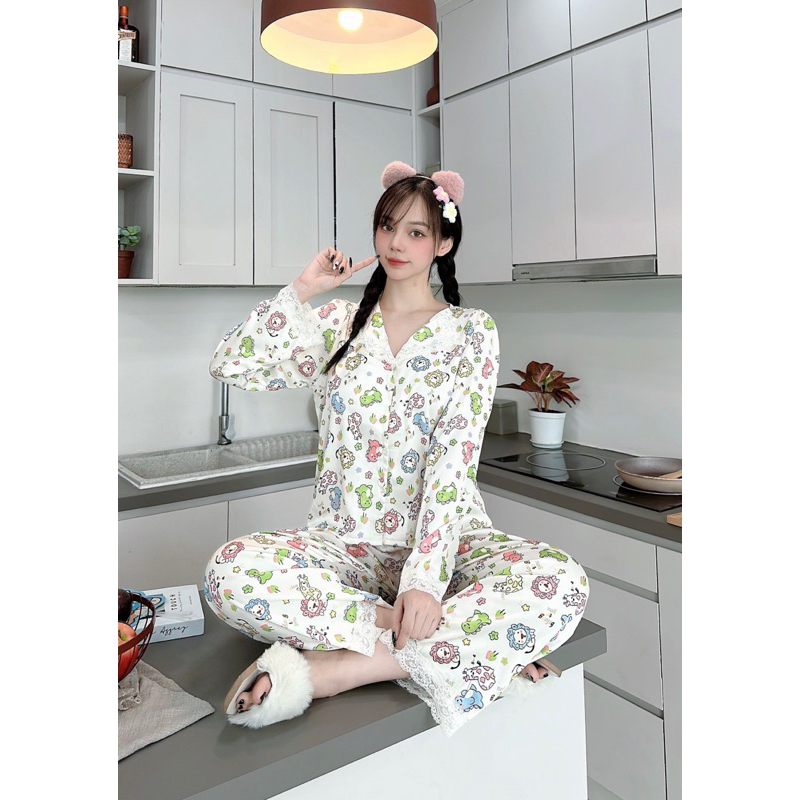 Bộ ngủ Khủng long kem phối ren cổ bẻ,TK lụa tơ.tằm của 2CE