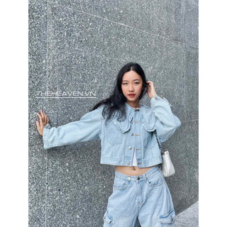 Áo khoác Denim Cổ Sen Xanh Nhạt dáng lửng croptop style Hàn quốc, có 2 túi