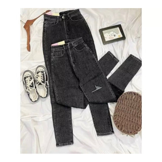[Bigsize 60-98kg]Quần Jean Nữ Skinny Xám Đậm Rách. Cạp Cao Trên Rốn - Co Giãn Mạnh