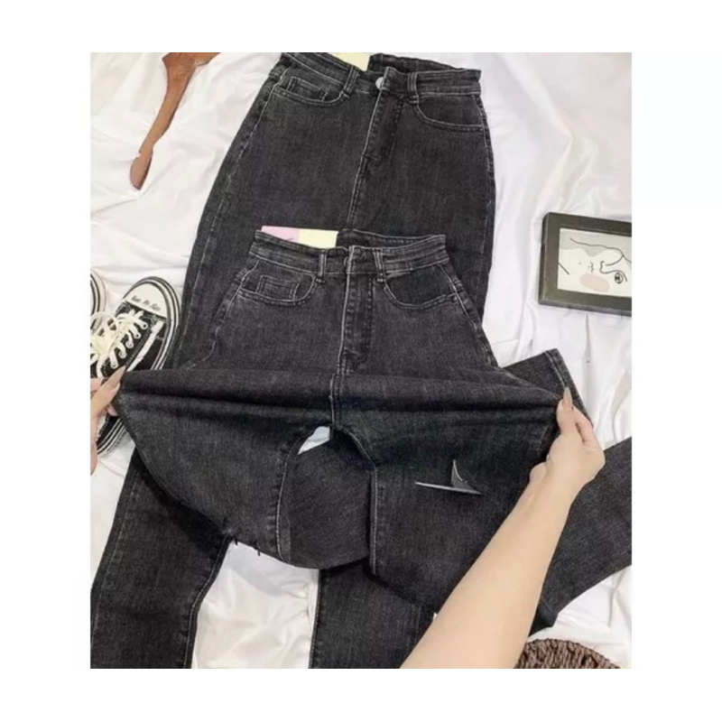 Quần Jean Nữ Skinny Xám Đậm Rách. Cạp Cao Trên Rốn - Co Giãn Mạnh