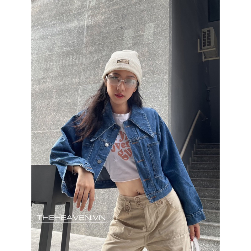 Áo khoác jean bò dáng lửng croptop hai túi trước cao cấp phong cách trẻ trung, năng động