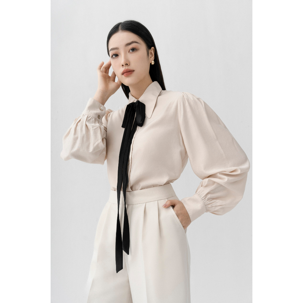 Áo sơ mi nơ đen dài tay vải tơ Bow Blouse
