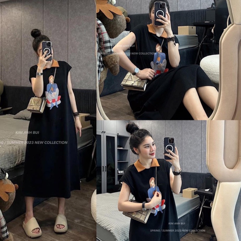 Váy suông dáng dài tay hến in hình cô gái , đầm thun polo cotton dáng dài form rộng cổ cam xinh xắn