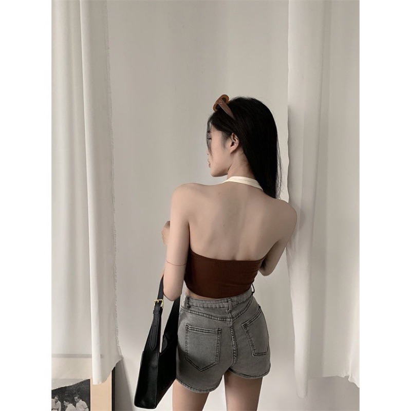 Áo Dây Kiểu Croptop Crt Mix Màu Nâu Be Phối Xích Phong Cách Năng Động