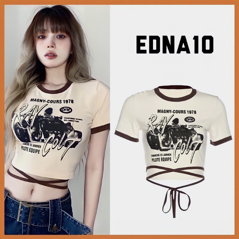 Áo Croptop Crt Trắng Viền Nâu Thiết Kế Đan Dây Eo Dáng Ôm In Hình Kèm Ảnh Thật