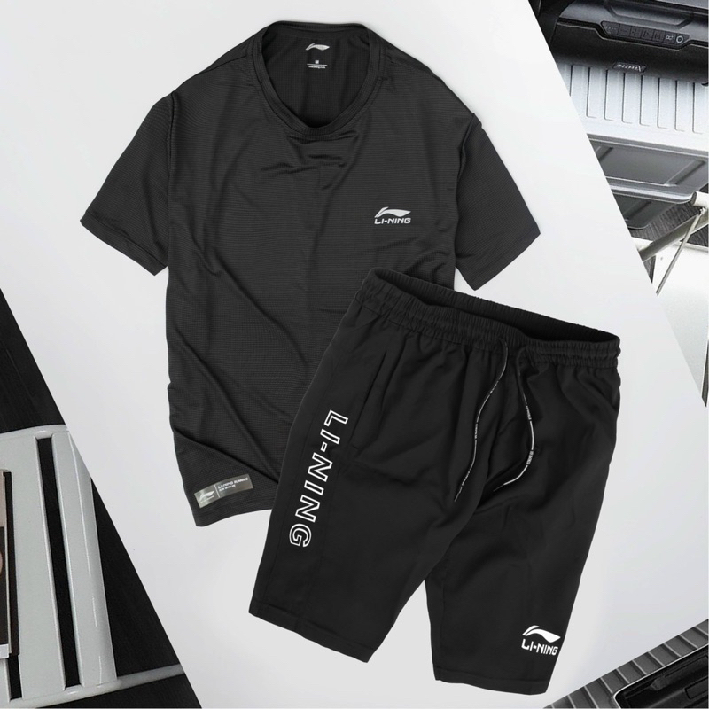 Bộ thể thao nam, bộ Li-Ning cộc tay nam tròn chất liệu vải thun lạnh co dãn thoải mái thấm hút mồ hôi logo ép cao su non