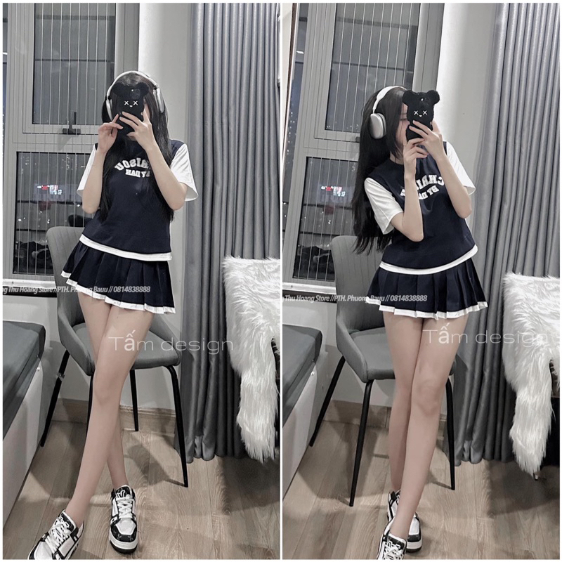 Set áo chữ mix cv xếp ly cạp chun có quần trong