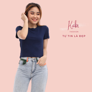 Áo thun cropped top nữ KABI Fashion xanh đen cotton tay ngắn cổ tròn bốn chiều spandex co giãn màu trơn