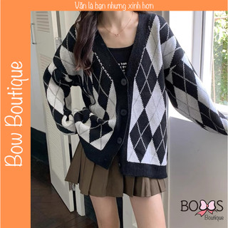 Áo cadigan oversize hoạ tiết kim cương, áo khoác len cardigan dáng rộng họa tiết thổ cẩm cho nữ