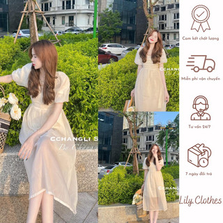 Váy voan tơ 2 lớp cổ vuông xếp ly ngực dáng xoè