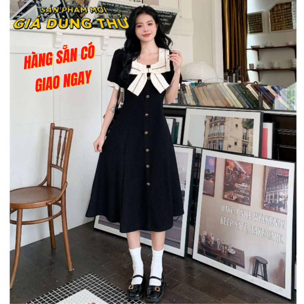 Váy Bigsize Váy Liền Cổ Vuông Bigsize Phối Màu Đen Trắng Vibe Tiểu Thư