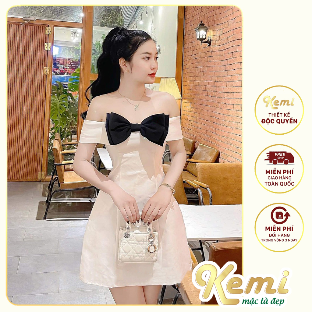 Đầm nữ trễ vai nơ ngực cách điệu tặng kèm tag nơ đá cao cấp Kemi, Váy trắng Tafta chân xòe xinh xuất sắc