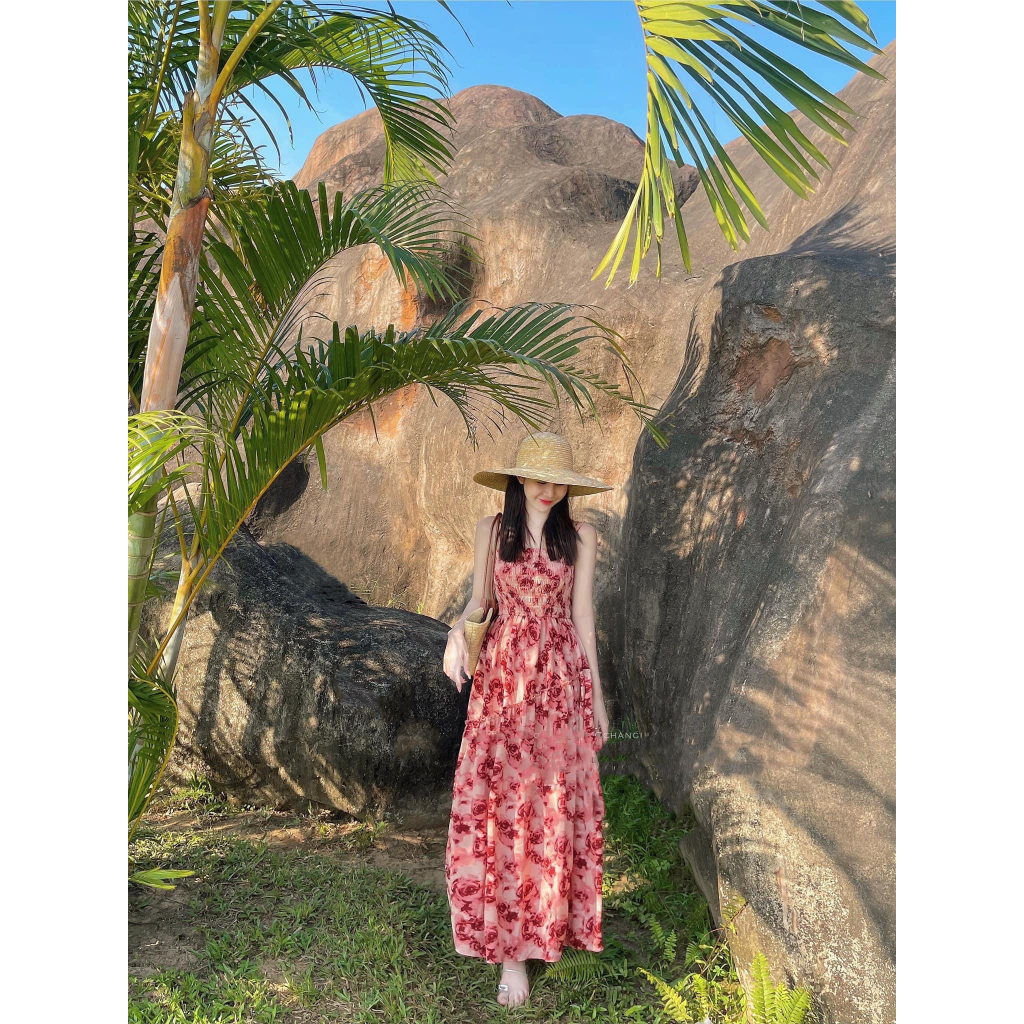 Váy Maxi Hoa Hồng 2 Dây Chun Ngực, Vải Thô Lụa Mềm Đẹp Siêu Xinh