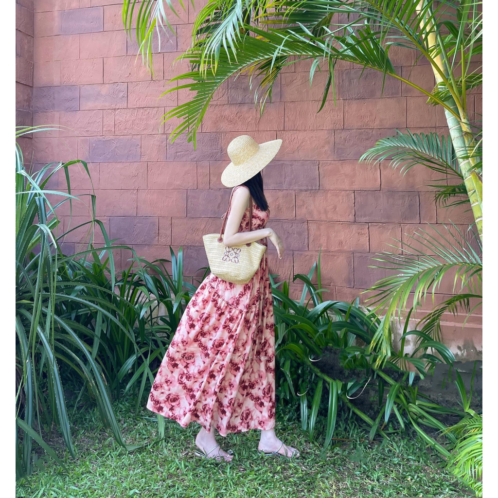 Váy Maxi Hoa Hồng 2 Dây Chun Ngực, Vải Thô Lụa Mềm Đẹp Siêu Xinh