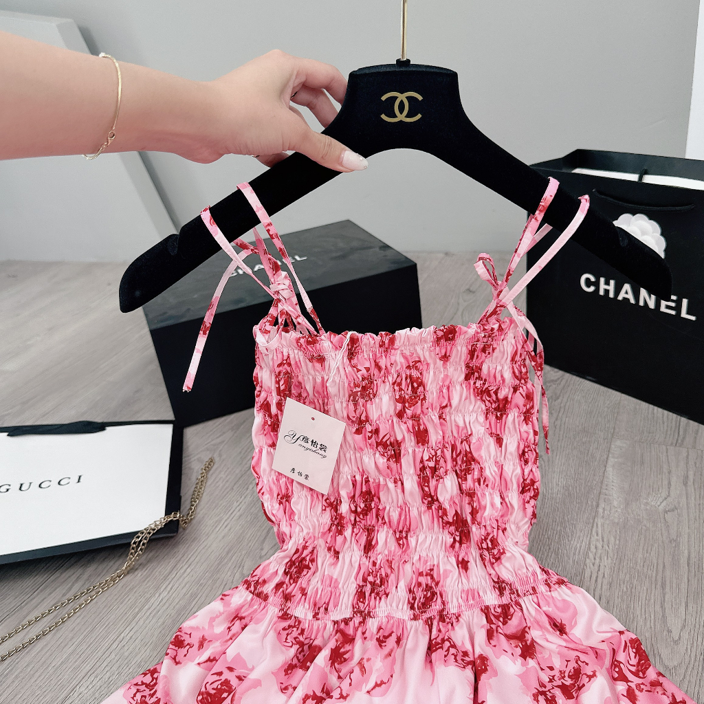 Váy Maxi Hoa Hồng 2 Dây Chun Ngực, Vải Thô Lụa Mềm Đẹp Siêu Xinh