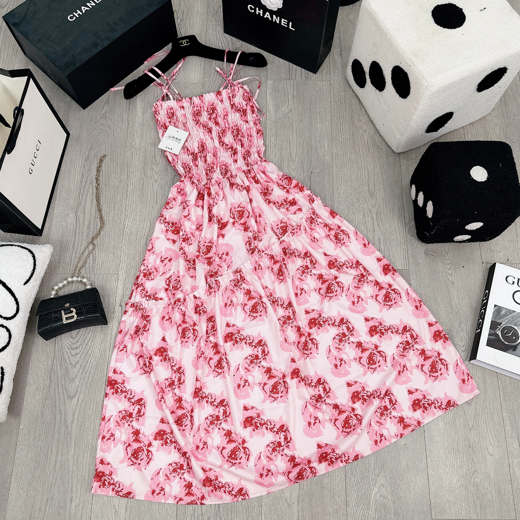 Váy Maxi Hoa Hồng 2 Dây Chun Ngực, Vải Thô Lụa Mềm Đẹp Siêu Xinh