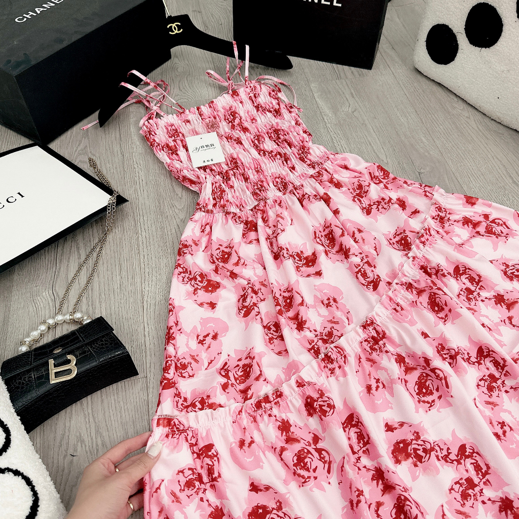 Váy Maxi Hoa Hồng 2 Dây Chun Ngực, Vải Thô Lụa Mềm Đẹp Siêu Xinh