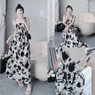 Váy Maxi Hoa Đen Trắng 2 Dây Chun Ngực, Chất Hoa Xốp, Chạy Chun Ôm Dáng, Dây Buộc Điều Chỉnh