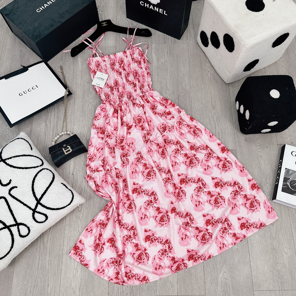 Váy Maxi Hoa Hồng 2 Dây Chun Ngực, Vải Thô Lụa Mềm Đẹp Siêu Xinh