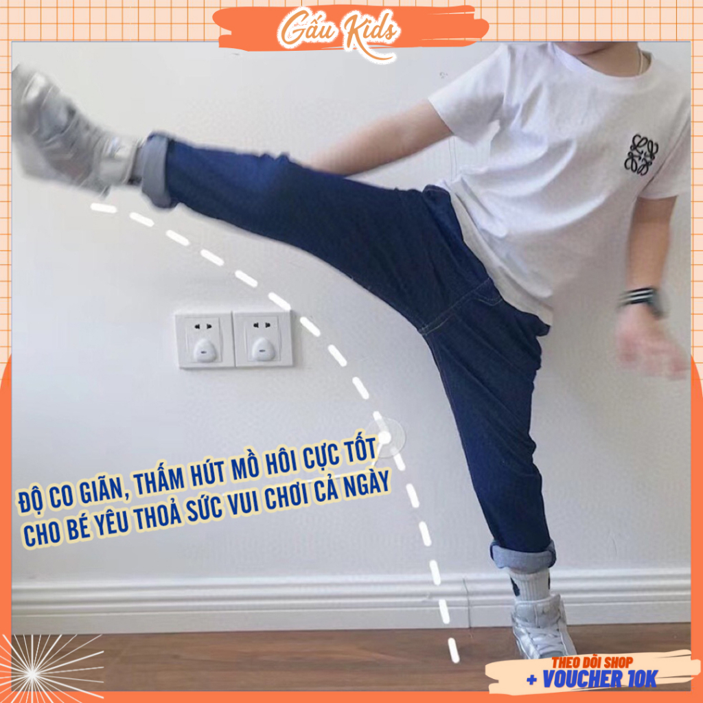 Quần dài giả jean, giả bò cho bé trai và bé gái Q01 năng động, chất liệu co giãn mặc thoải mái từ 8-30kg