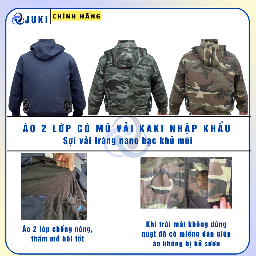 Áo Lắp Quạt Điều Hòa 2 lớp Juki có mũ, Sợi Nano Bạc Khử Mùi Diệt Khuẩn (Áo Rời) Không có Pin Và Quạt