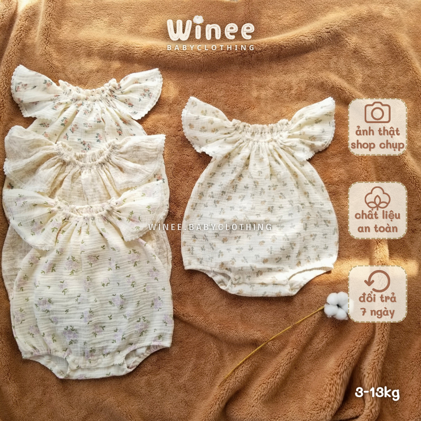 R008 Bodysuit cánh tiên cổ cách điệu tiểu thư vintage muslin oganic bé gái (3-13kg)