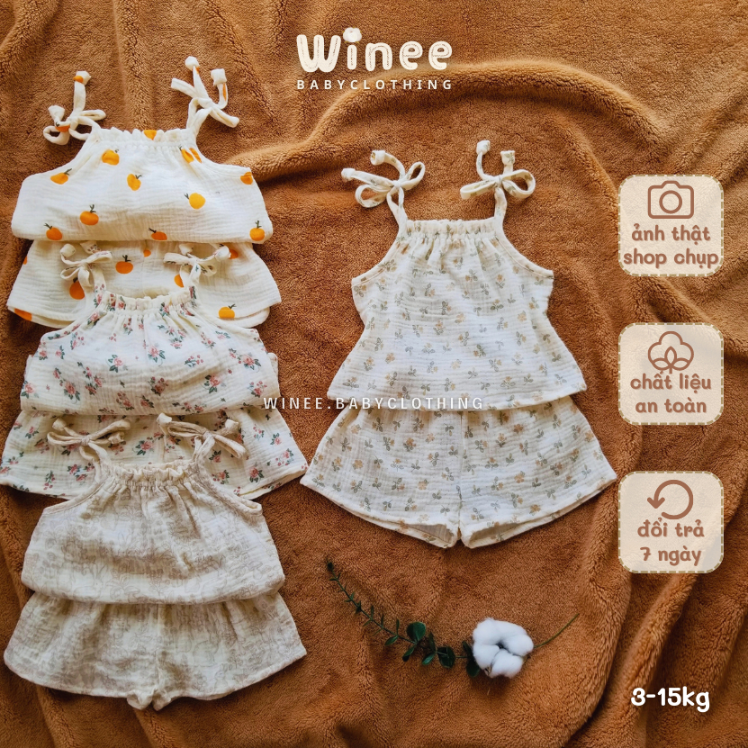 B005 Bộ hai dây quần đùi dáng xòe muslin oganic cho bé gái (3-15kg)