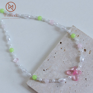 |#VC13| Vòng cổ/ Dây chuyền handmade hạt cườm basic hologram charm bướm tone xanh hồng| WeMade Accessories
