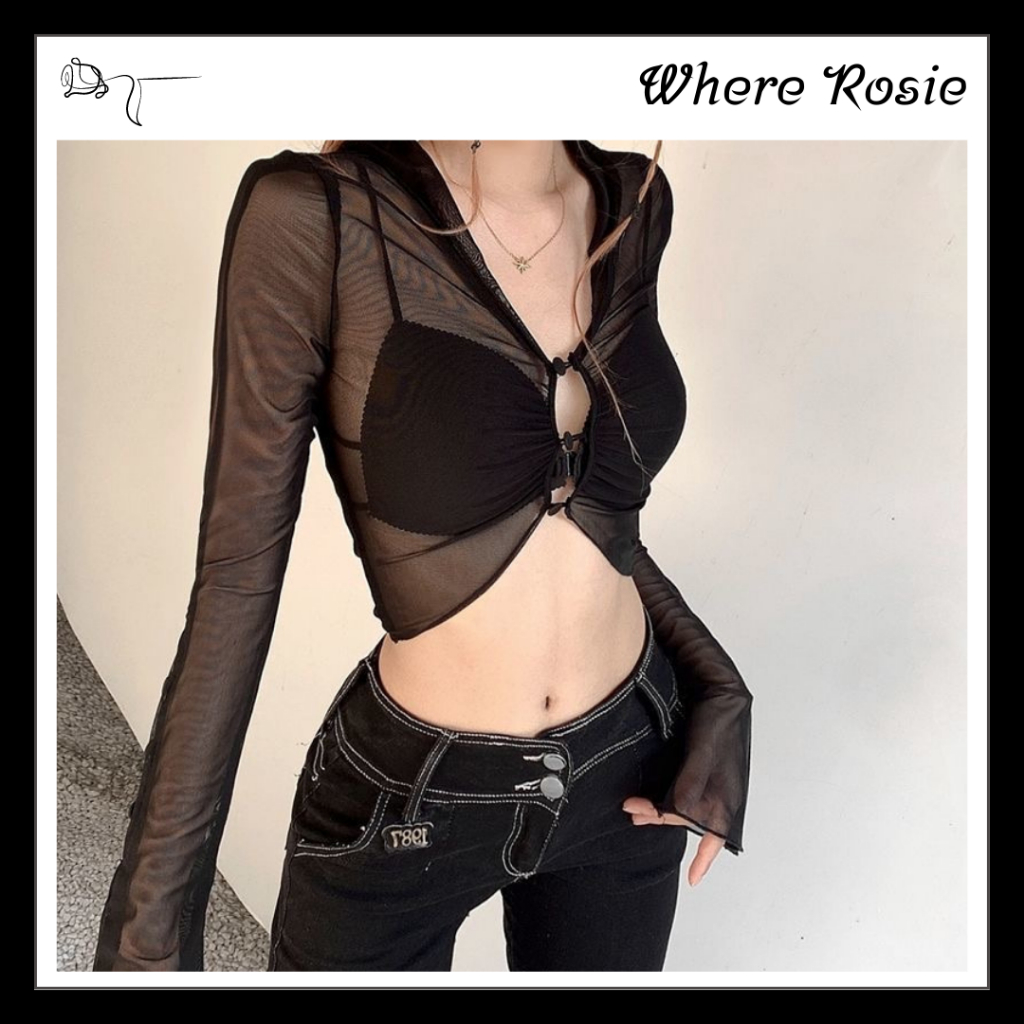 WhereRosie Áo Thun Dài Tay Phối Lưới Xuyên Thấu Croptop Phong Cách Đường Phố Style Âu Mỹ