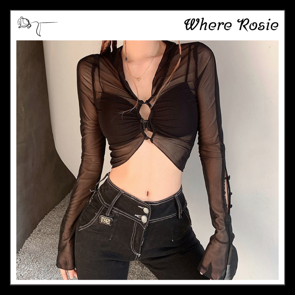 WhereRosie Áo Thun Dài Tay Phối Lưới Xuyên Thấu Croptop Phong Cách Đường Phố Style Âu Mỹ