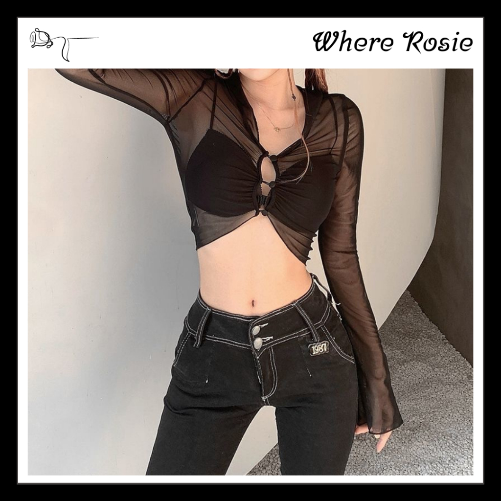 WhereRosie Áo Thun Dài Tay Phối Lưới Xuyên Thấu Croptop Phong Cách Đường Phố Style Âu Mỹ