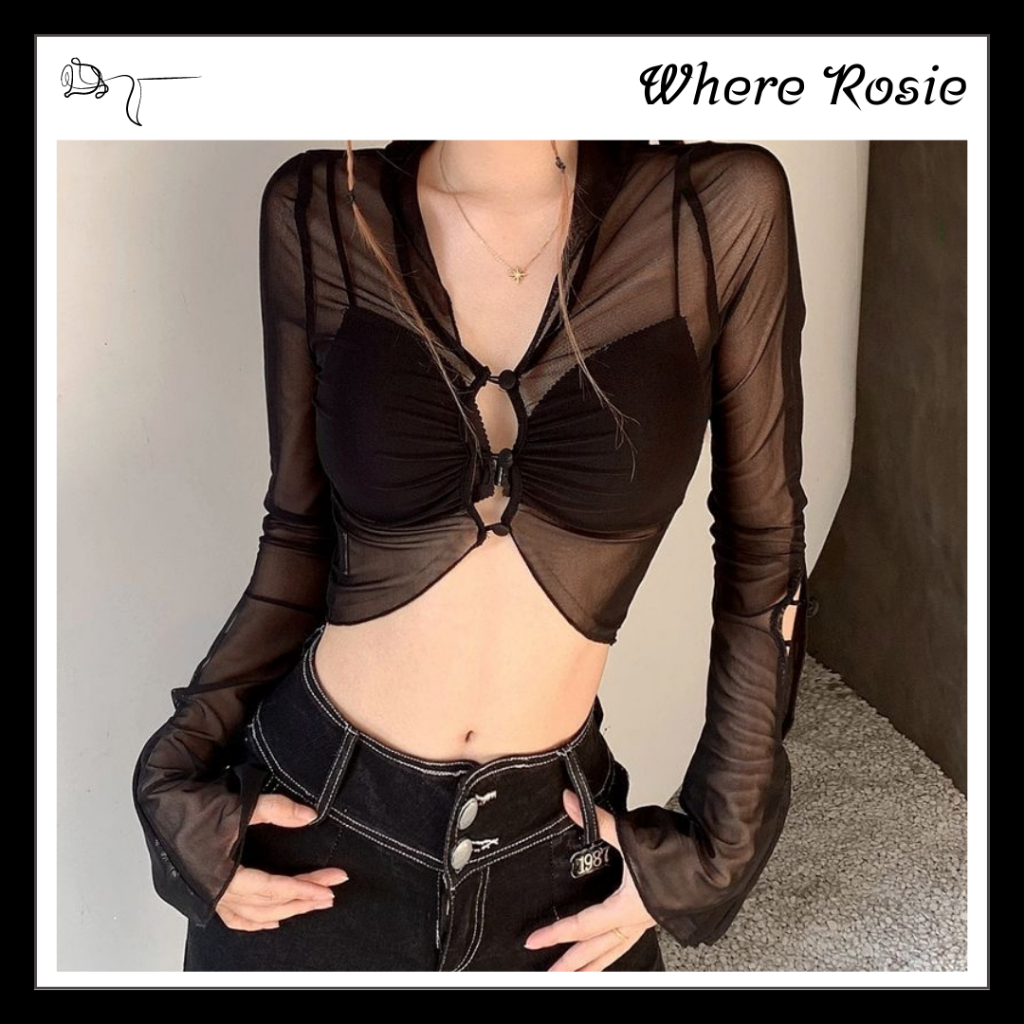 WhereRosie Áo Thun Dài Tay Phối Lưới Xuyên Thấu Croptop Phong Cách Đường Phố Style Âu Mỹ