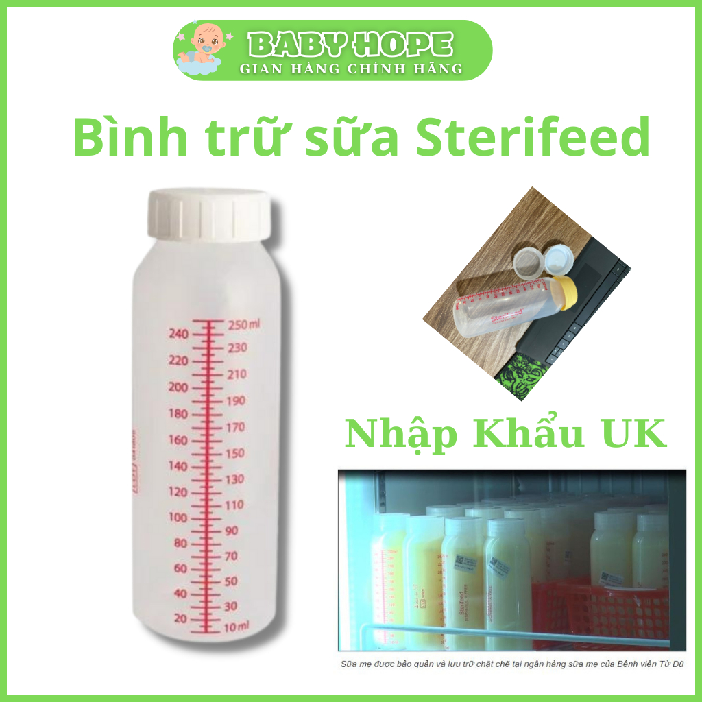 Bình Trữ Sữa Sterifeed Baby Bottle 250ml, trữ sữa, trữ đông, bảo quản sữa mẹ, bình ti cho bé, đựng sữa